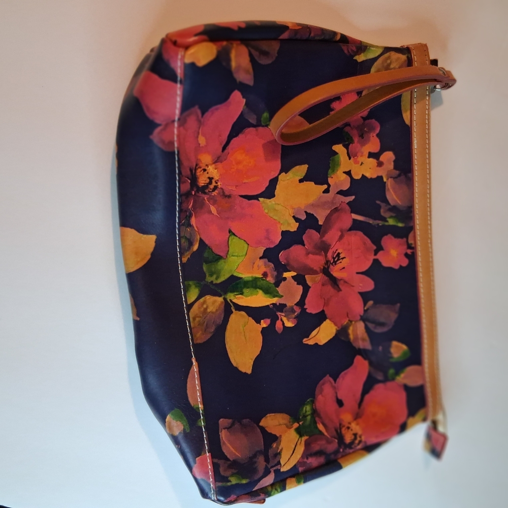 Floral Cosmetic Bag with Tan Accents